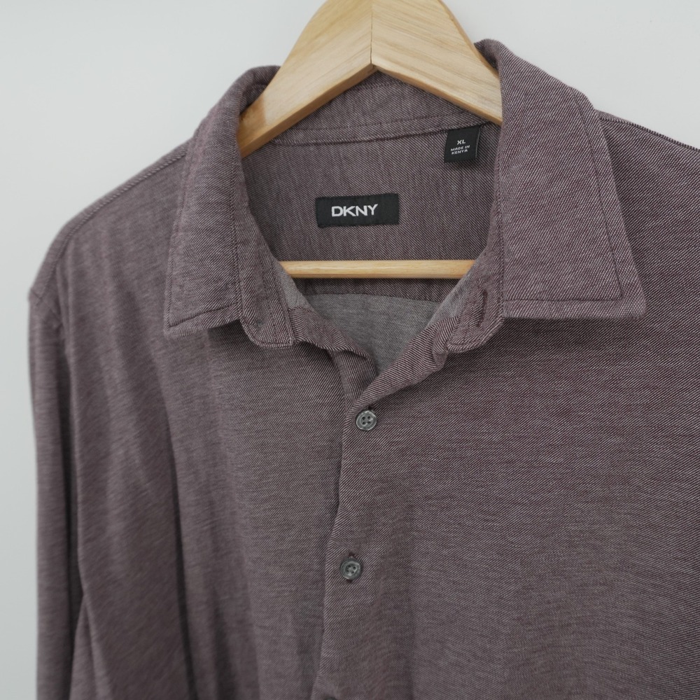 DKNY Button Down Shirt Mens XL Plum Heathered Long Sleeve Jersey Knit - Picture 1 of 6